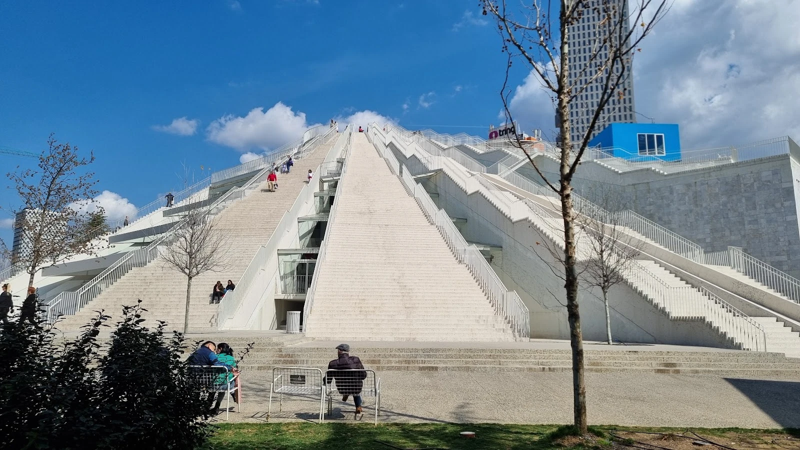 Close-up view of the Pyramid of Tirana architecture ideal for a family road trip stop in Albania